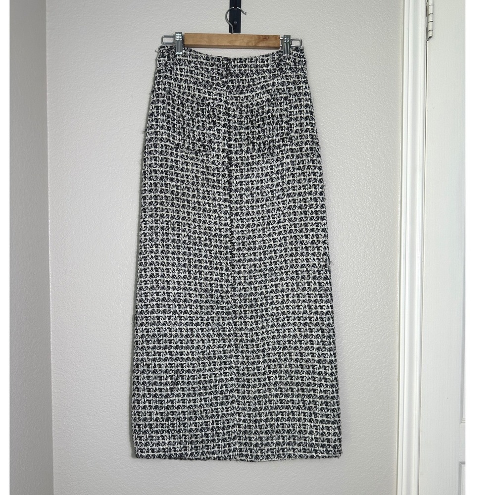 Alice + Olivia Rye Tweed Maxi Skirt 0 Black White High Slit Luxury Dark Academia - Picture 4 of 14